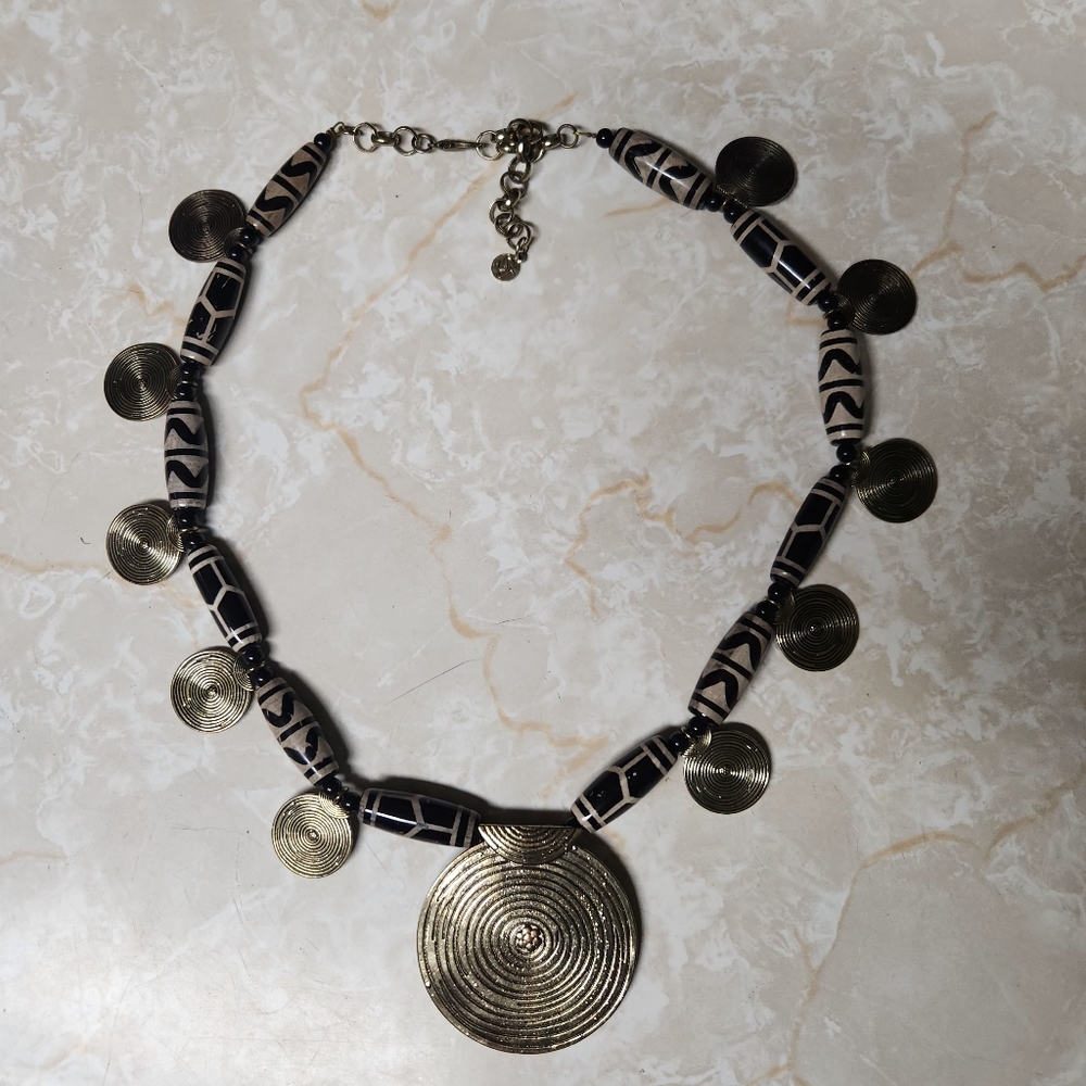 Sassy Jones Batik Necklace Metal Beads Statement Piece Artsy Unique